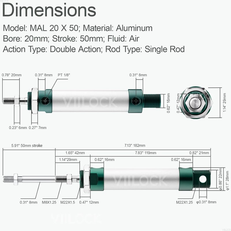 VIILOCK Pneumatic Air Cylinder 20mm Bore 50mm Stroke, Mini Air Cylinder Single Rod Double Action MAL 20 X 50 - Image 4